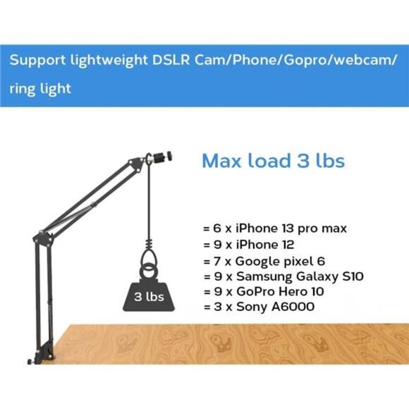 Overhead Tripod Mount for Camera Webcam Ring Light with Phone Holder - Picture 6 of 6